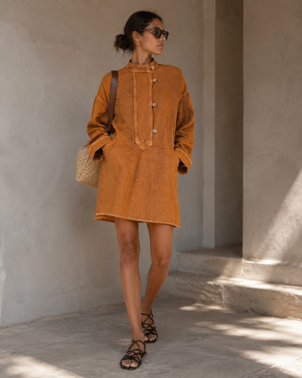 Zara 100% Linen Oversized Tan Boho Luxe Scandi Tunic Dress Size Small Quiet Luxe